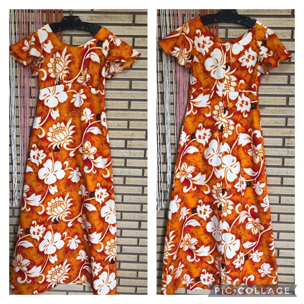 70's Hawaiian Floral Barkcloth Maxi Dress - Size 2 - 4 - Hawaiian Dress